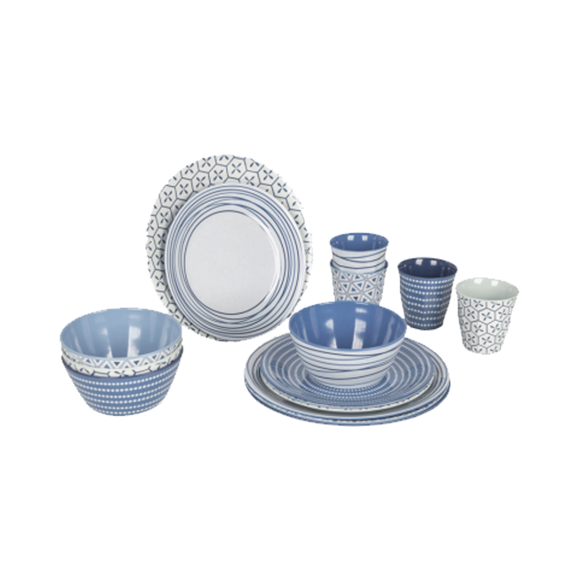 Bo-Camp Mix & Match 16Pcs Melamine Tableware Set, Blue & White