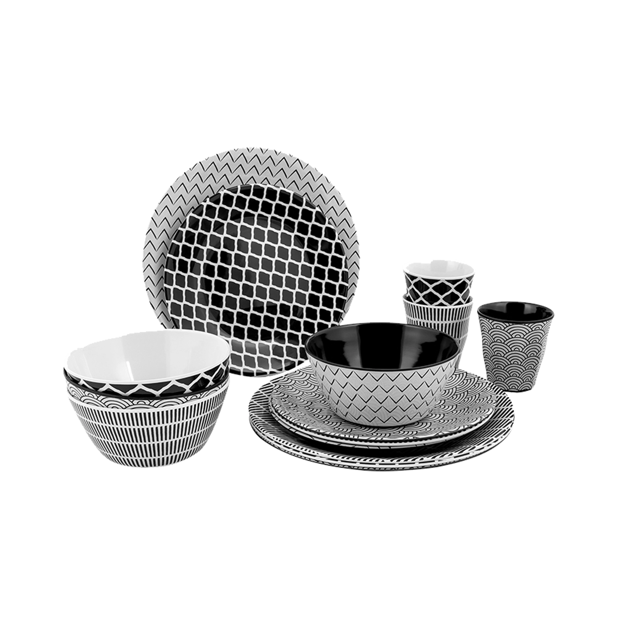 Bo-Camp Mix & Match 16Pcs Melamine Tableware Set, Black & White